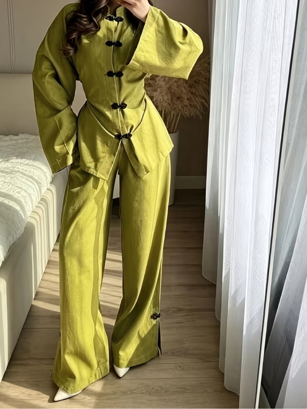 Women'S New Chinese Style Button-Front Solid Color Long Sleeve Top And Pants Set